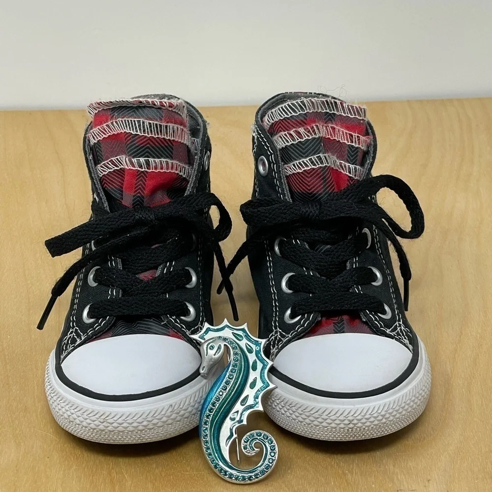 Converse * Ruffled Tongue Black/Buffalo Plaid Chuck Taylor High Top Sneakers